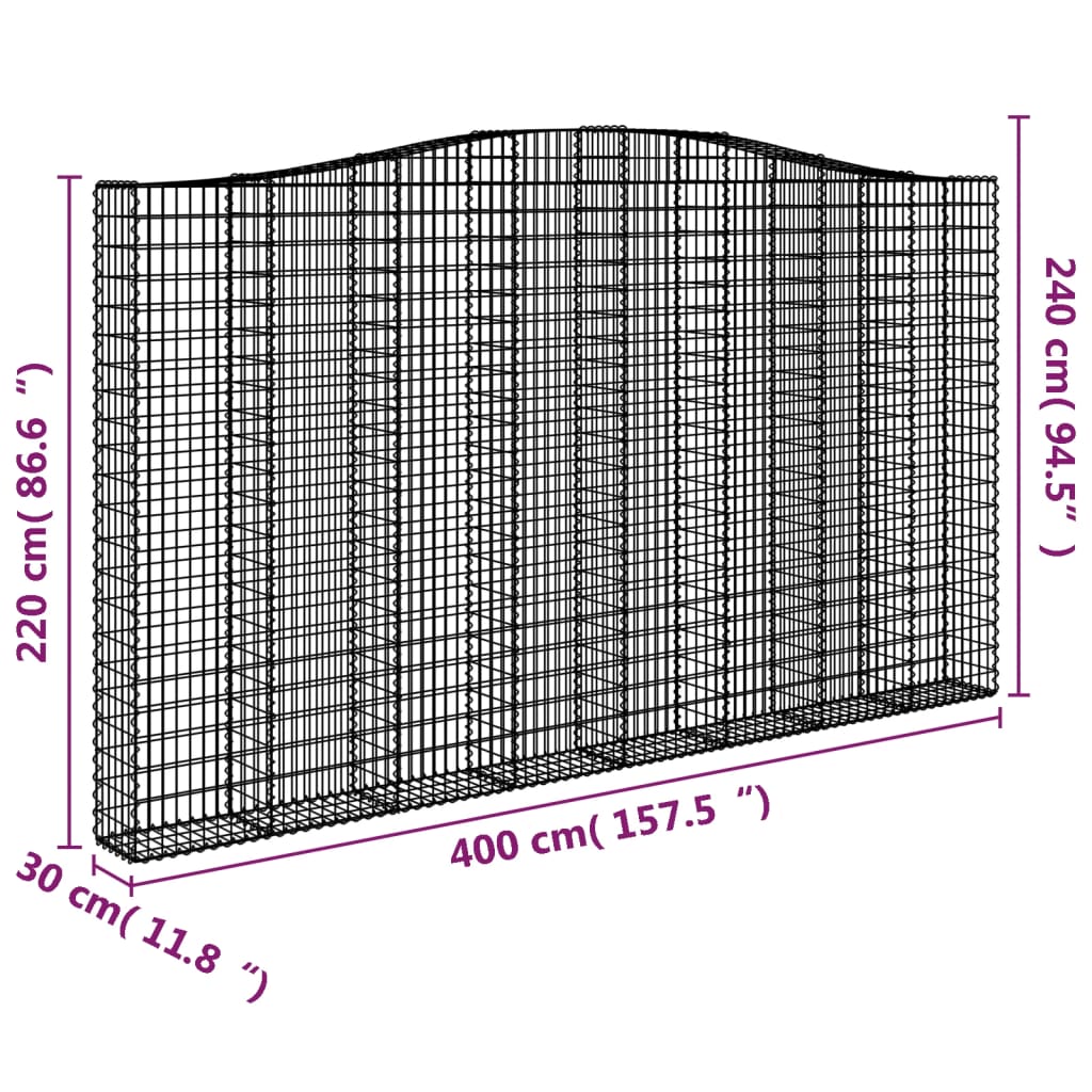 vidaXL Cesto gabião arqueado 400x30x220/240 cm ferro galvanizado