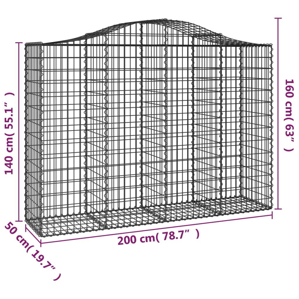 vidaXL Cesto gabião arqueado 200x50x140/160 cm ferro galvanizado