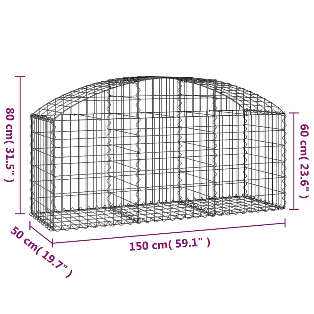 vidaXL Cesto gabião arqueado 150x50x60/80 cm ferro galvanizado