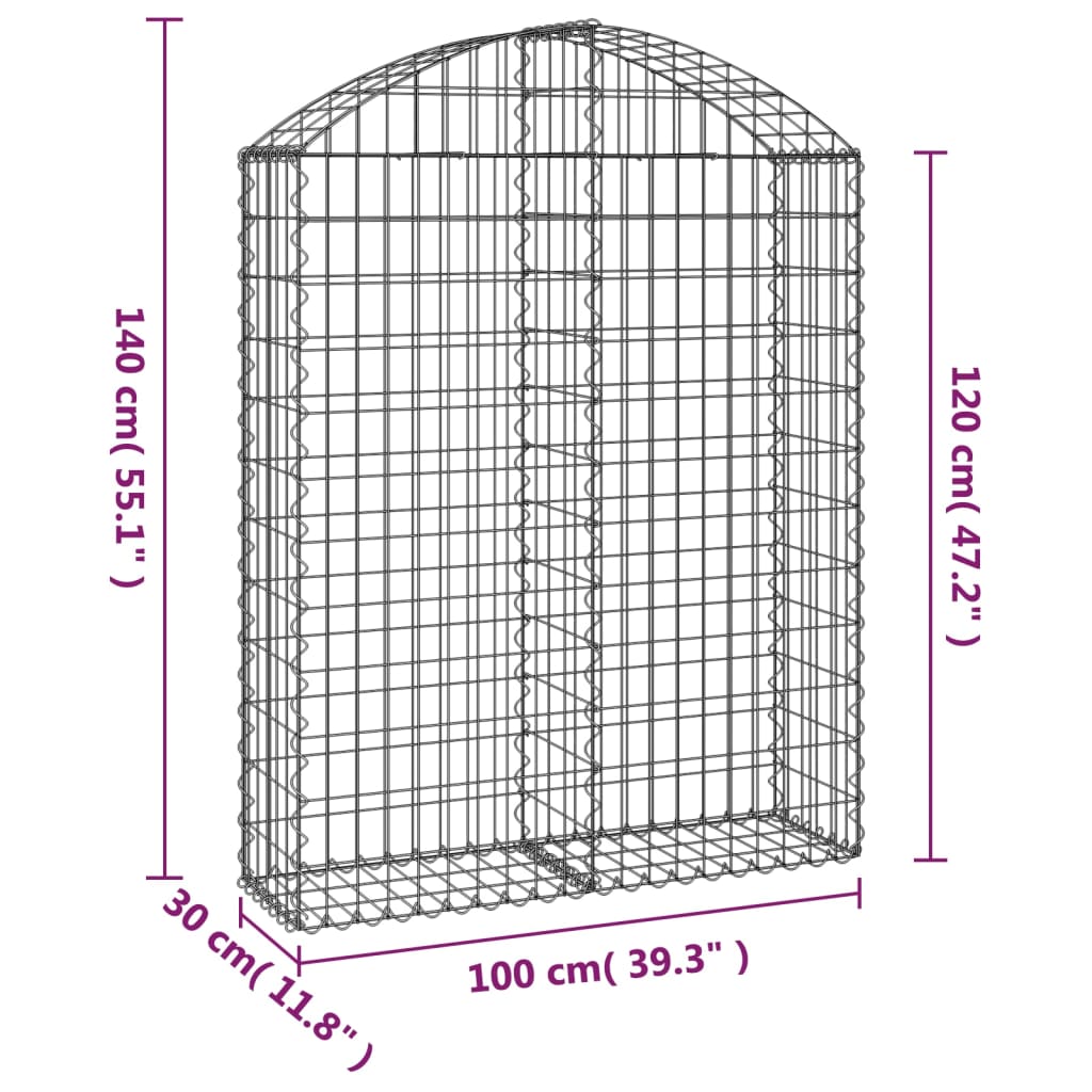 vidaXL Cesto gabião arqueado 100x30x120/140 cm ferro galvanizado