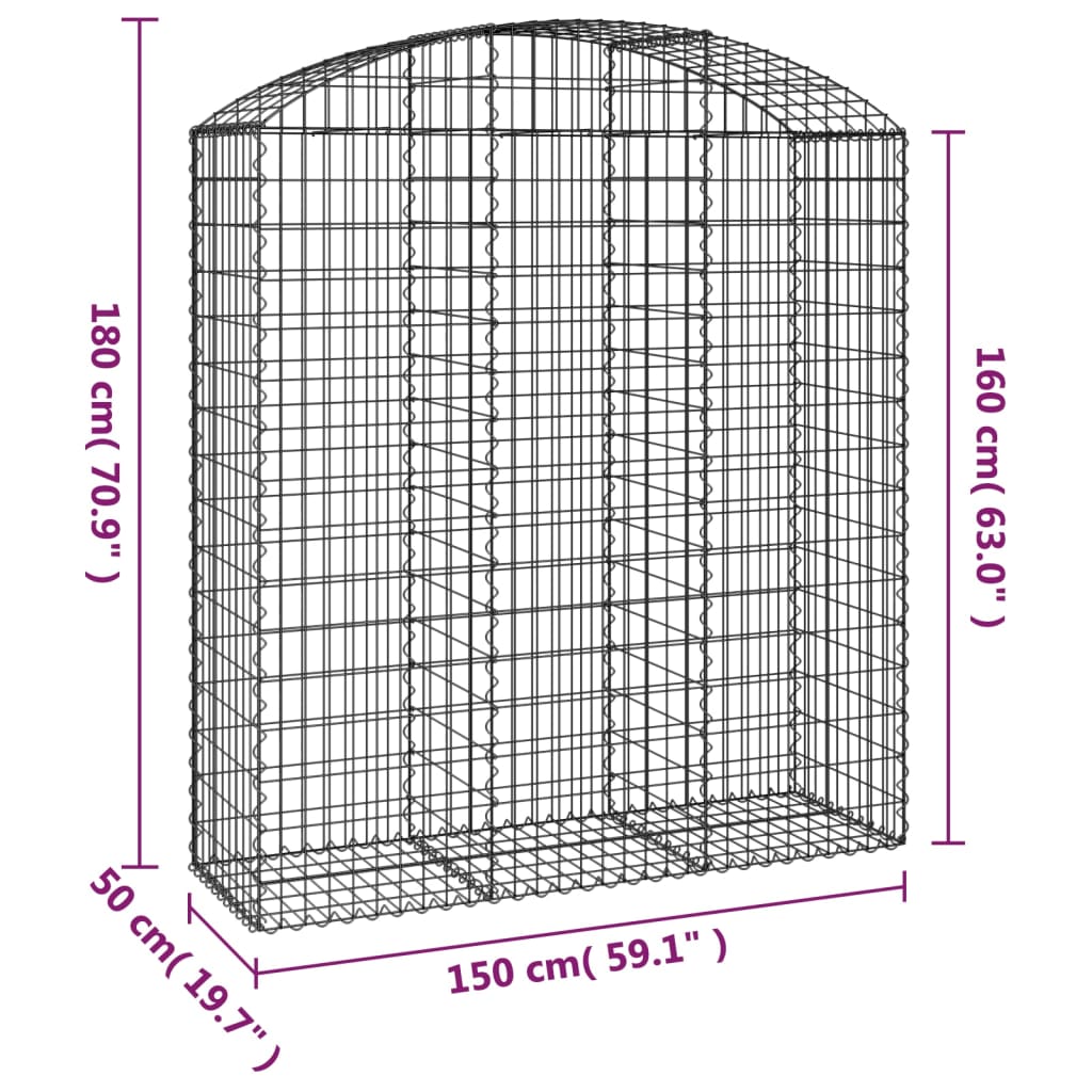 vidaXL Cesto gabião arqueado 150x50x160/180 cm ferro galvanizado