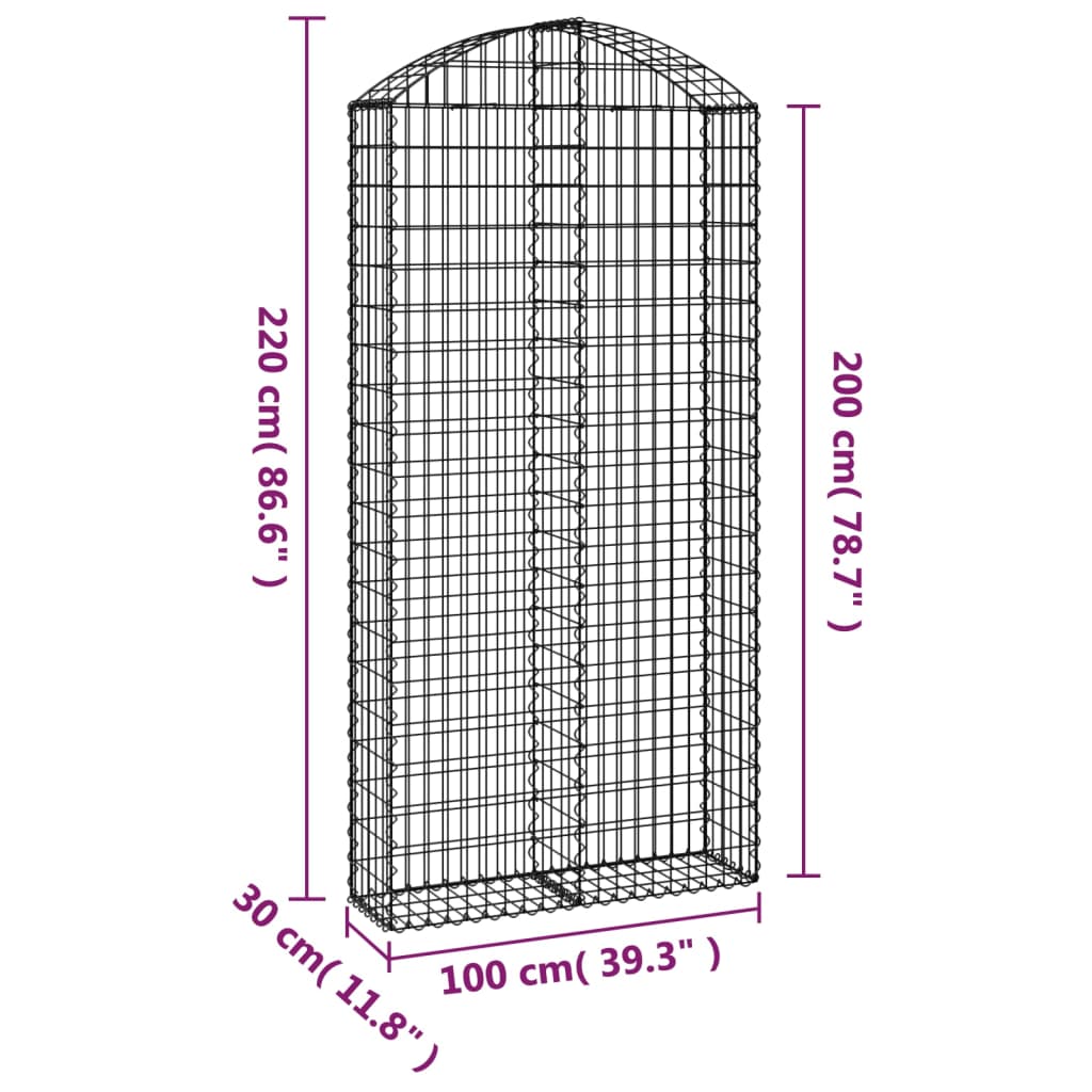 vidaXL Cesto gabião arqueado 100x30x200/220 cm ferro galvanizado