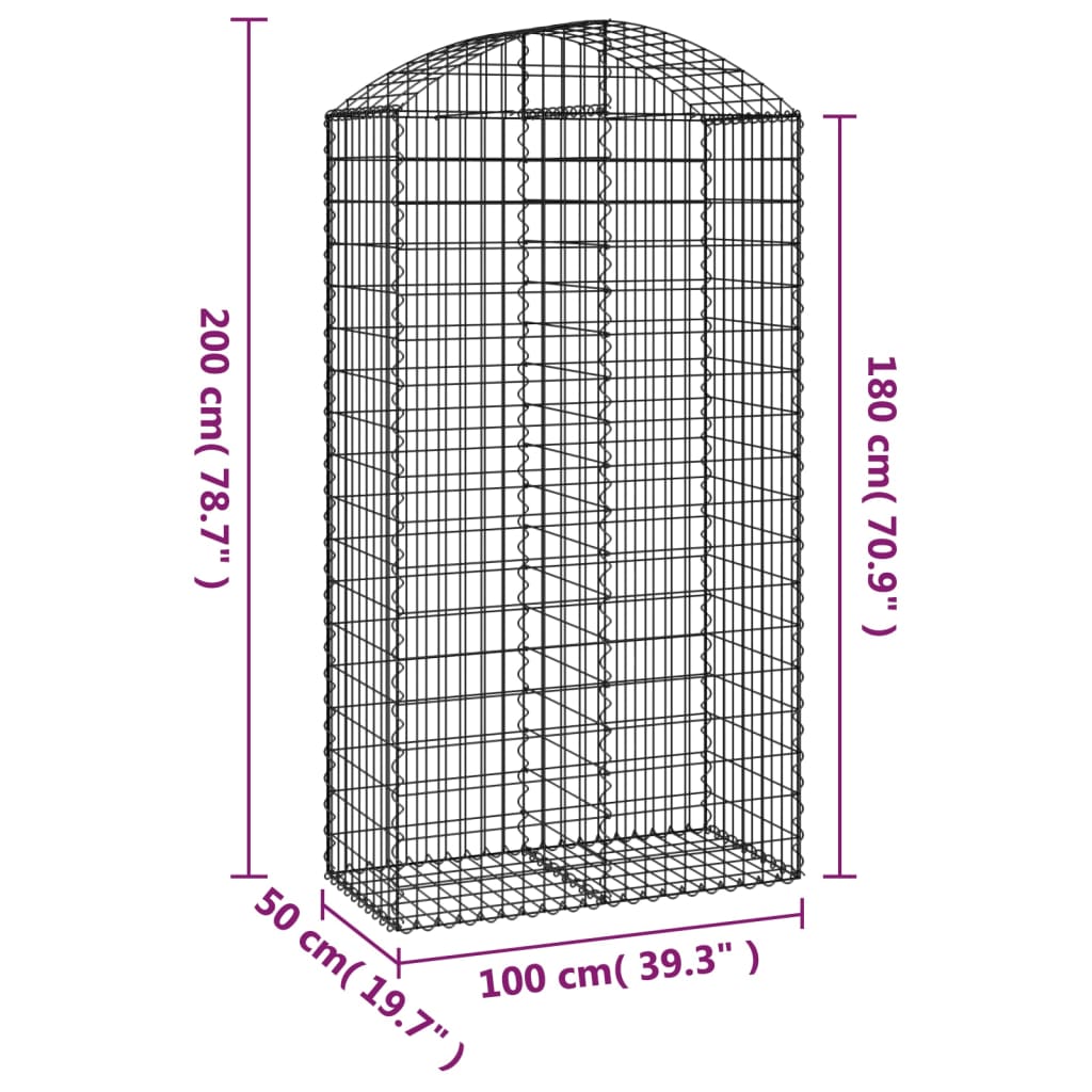 vidaXL Cesto gabião arqueado 100x50x180/200 cm ferro galvanizado