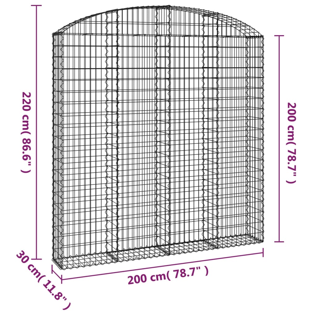 vidaXL Cesto gabião arqueado 200x30x200/220 cm ferro galvanizado