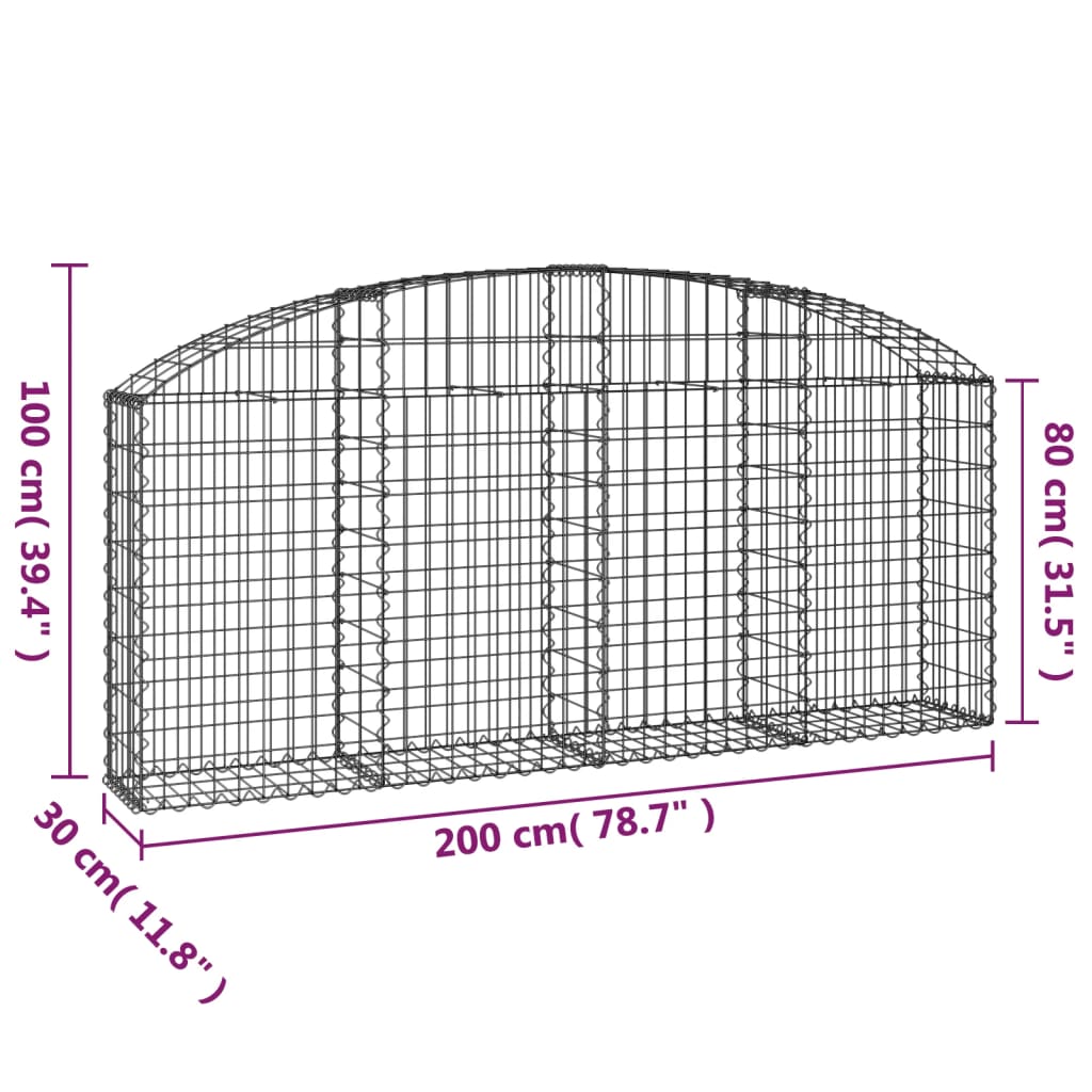 vidaXL Cesto gabião arqueado 200x30x80/100 cm ferro galvanizado