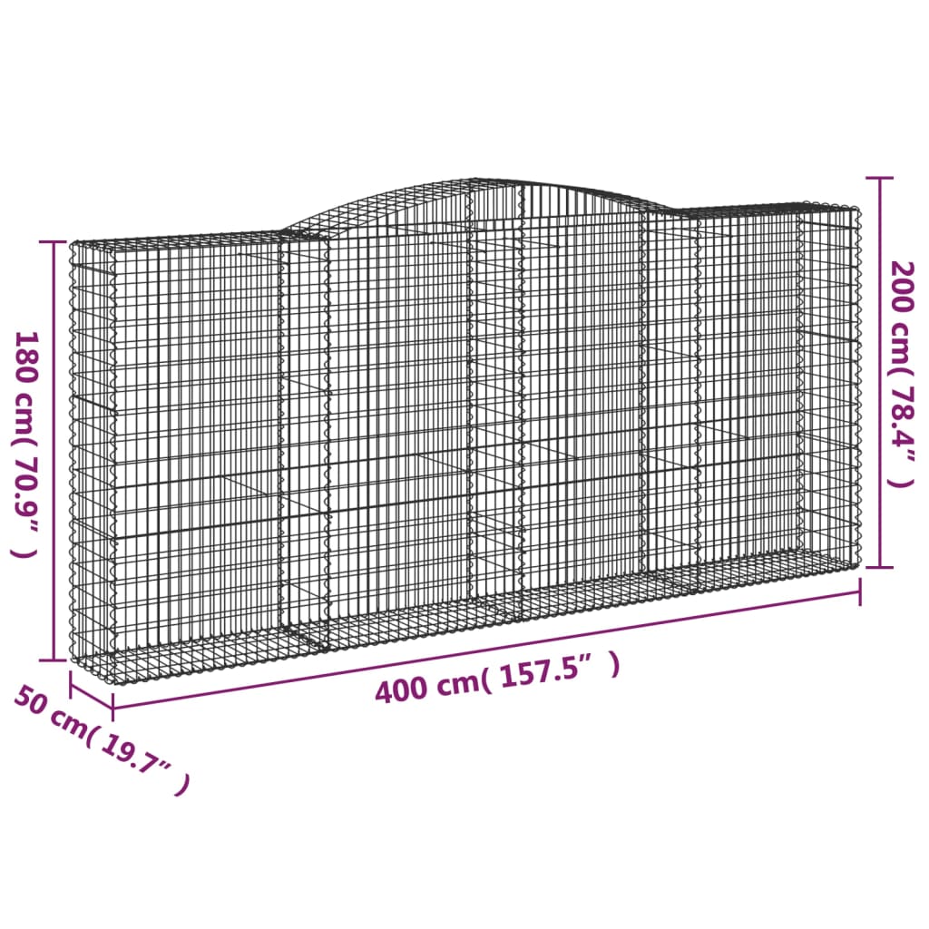 vidaXL Cestos gabião arqueados 2pcs 400x50x180/200cm ferro galvanizado