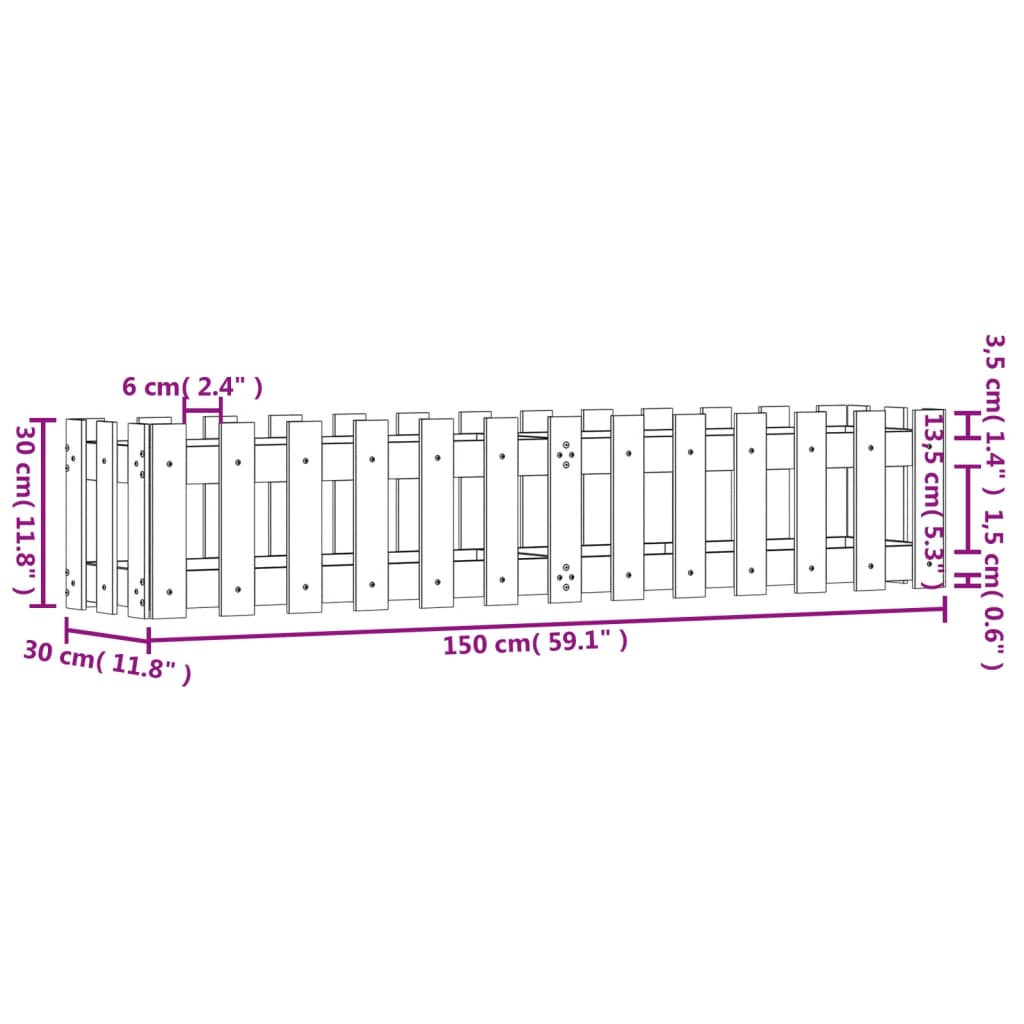 vidaXL Canteiro elevado design cerca 150x30x30 cm pinho maciço branco