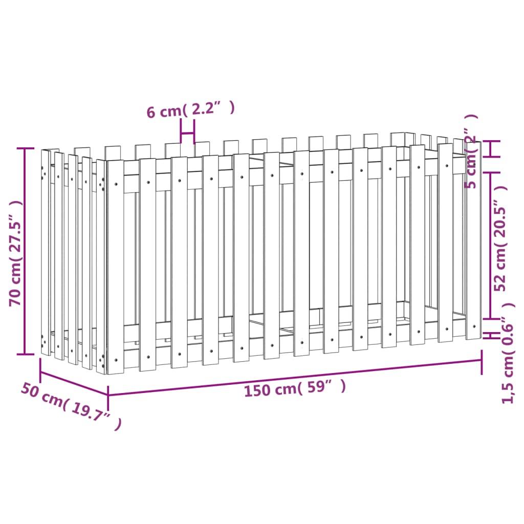 vidaXL Canteiro elevado c/ design de cerca 150x50x70 cm pinho maciço