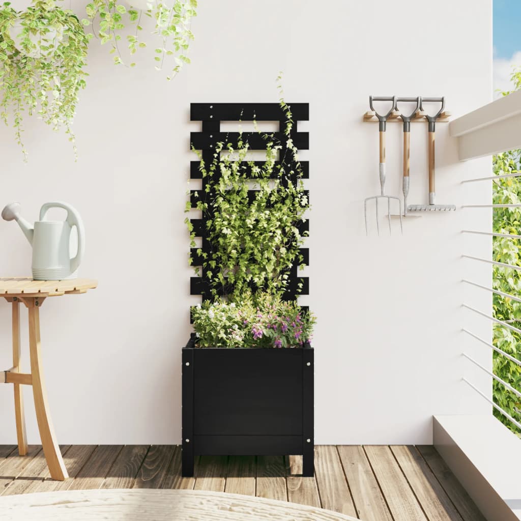 vidaXL Vaso de jardim c/ suporte 39x39,5x114 cm pinho maciço preto