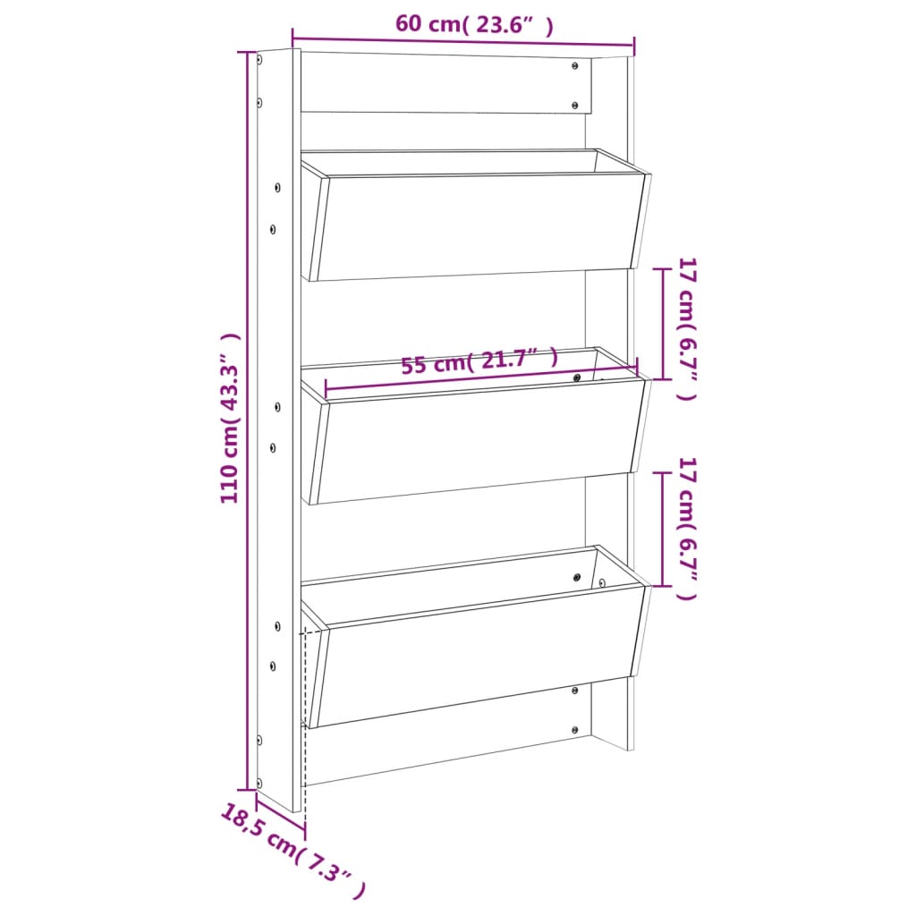 vidaXL Floreira parede c/ 3 caixas 60x18,5x110cm pinho maciço cinzento