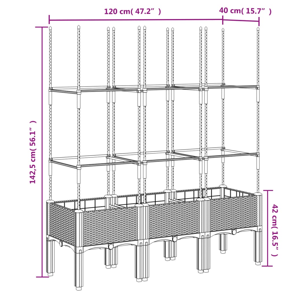 vidaXL Vaso/floreira de jardim c/ treliça 120x40x142,5 cm PP cinzento