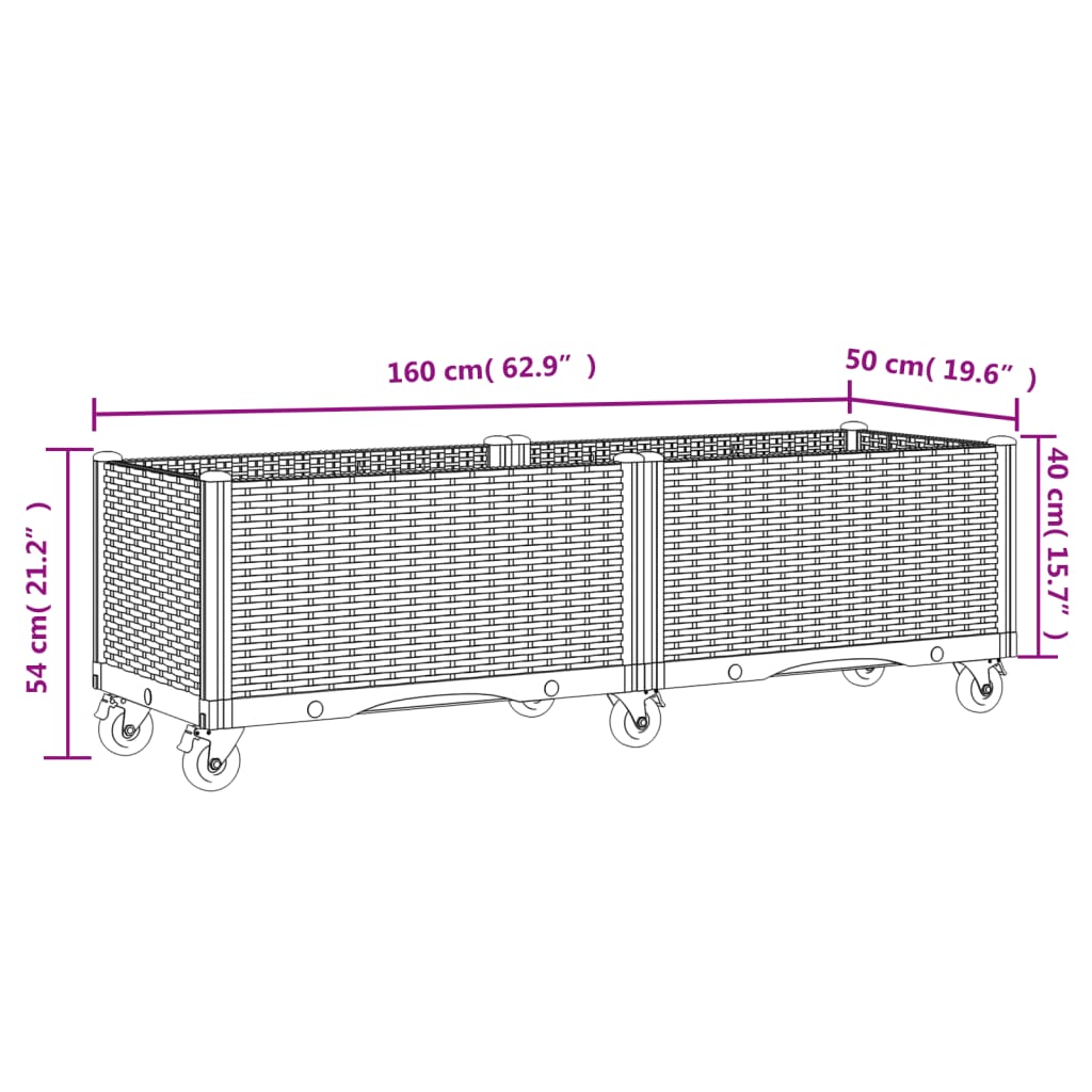 vidaXL Vaso/floreira de jardim com rodas 160x50x54 cm PP branco