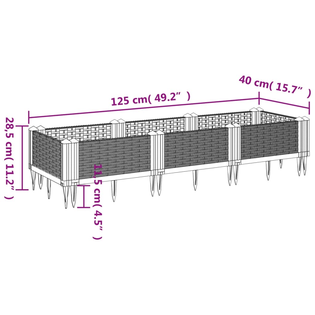 vidaXL Vaso/floreira de jardim c/ estacas 125x40x28,5 cm PP preto