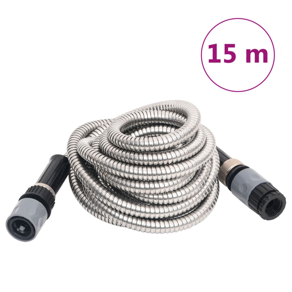 vidaXL Mangueira jardim c/ bico pulverização 15 m aço inox. prateado