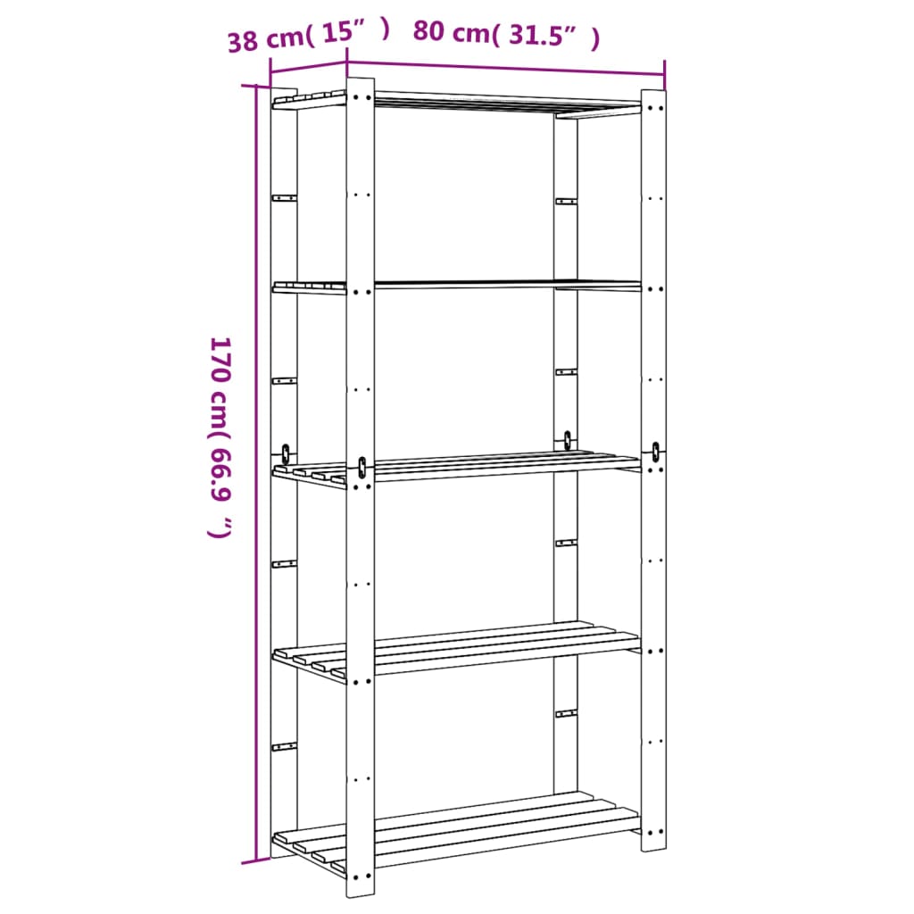 vidaXL Unidade arrumação 5 prateleiras 80x38x170 cm pinho maciço cinza