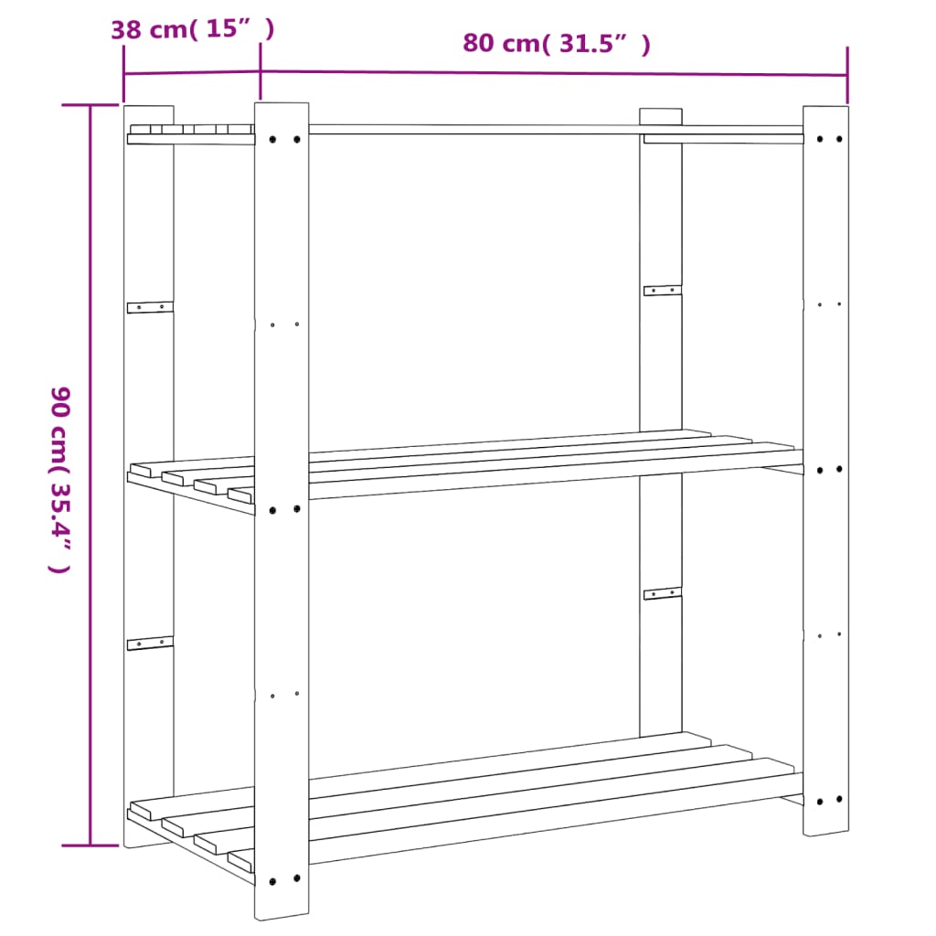 vidaXL Unidade de 3 prateleiras 80x38x90 cm pinho maciço preto