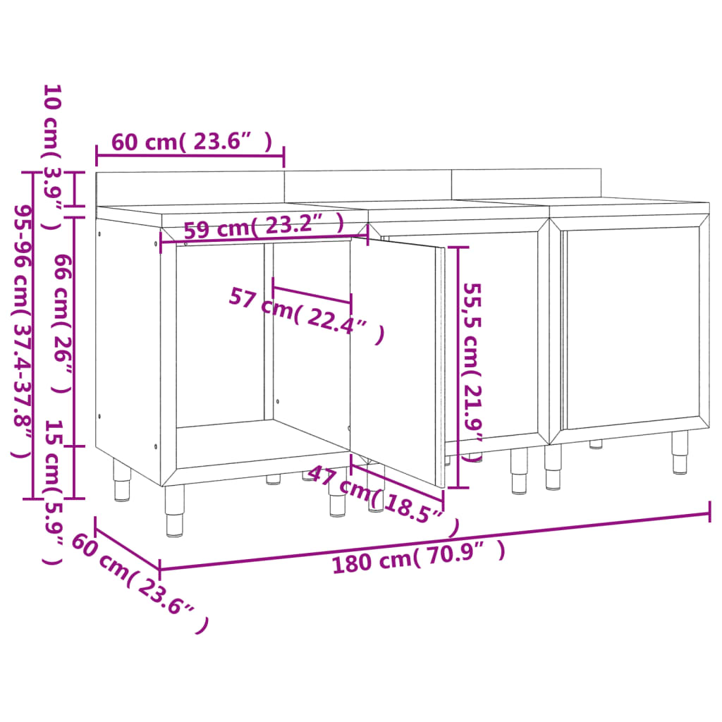 vidaXL Mesa trabalho comercial c/ armário 180x60x96 cm aço inoxidável