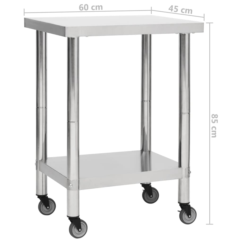 Mesa de trabalho de cozinha com rodas em aço inoxidável 60x45x85 cm