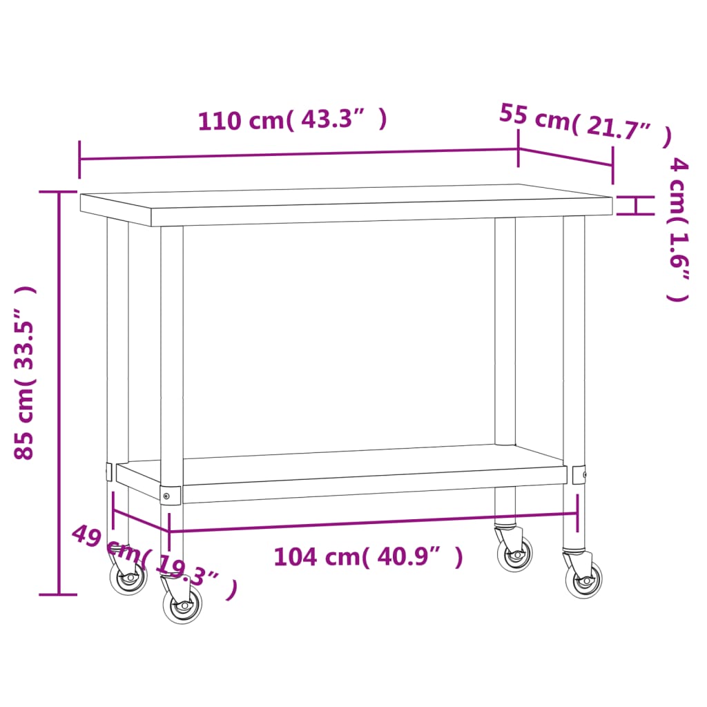 vidaXL Mesa de trabalho de cozinha c/ rodas 110x55x85cm aço inoxidável