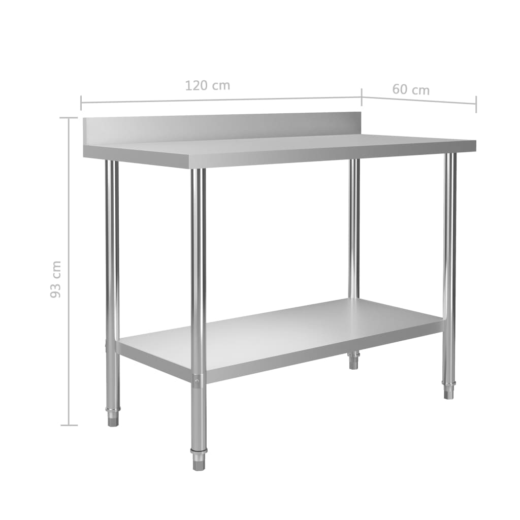 vidaXL Mesa cozinha rebordo antissalpicos 120x60x93 cm aço inoxidável