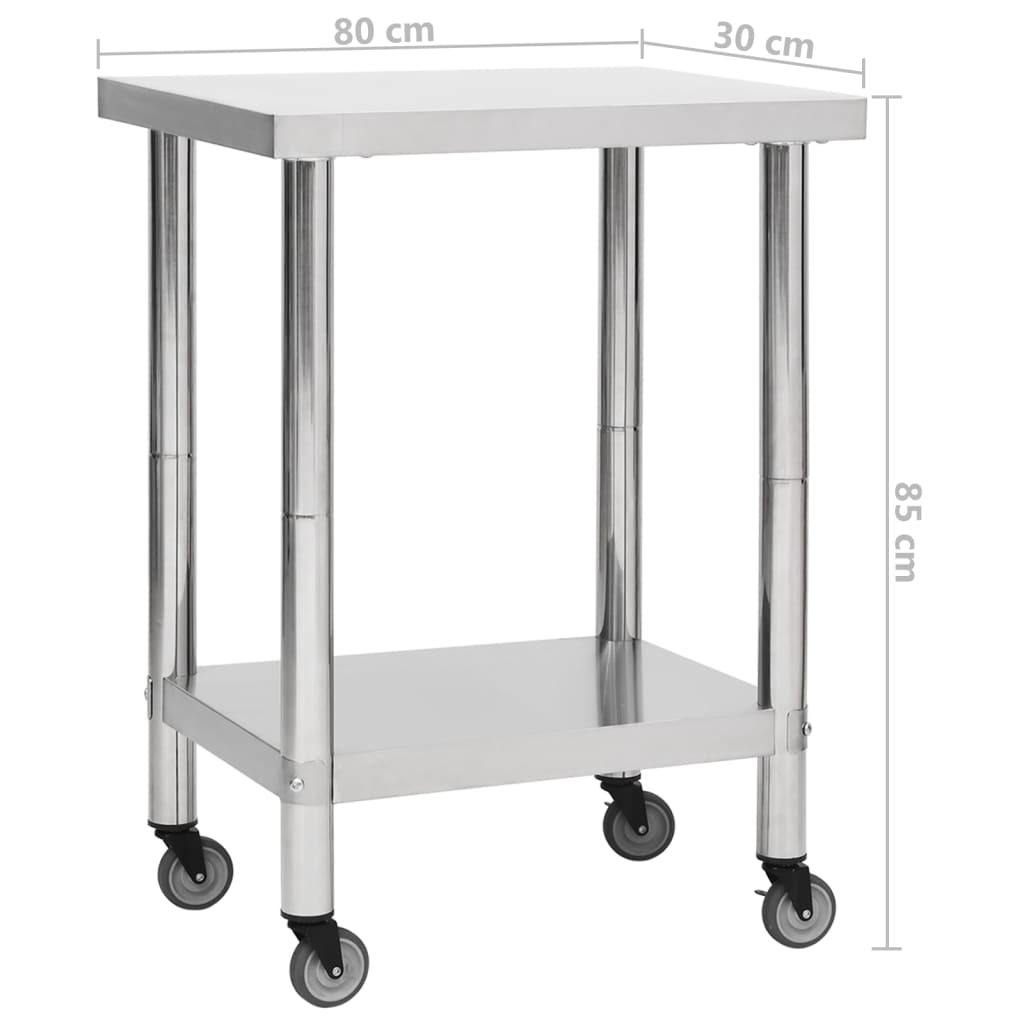 vidaXL Mesa de trabalho de cozinha com rodas aço inoxidável 80x30x85cm