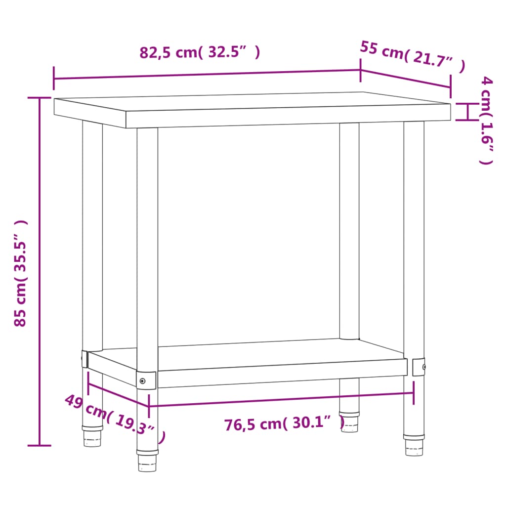 vidaXL Mesa de trabalho para cozinha 82,5x55x85 cm aço inoxidável