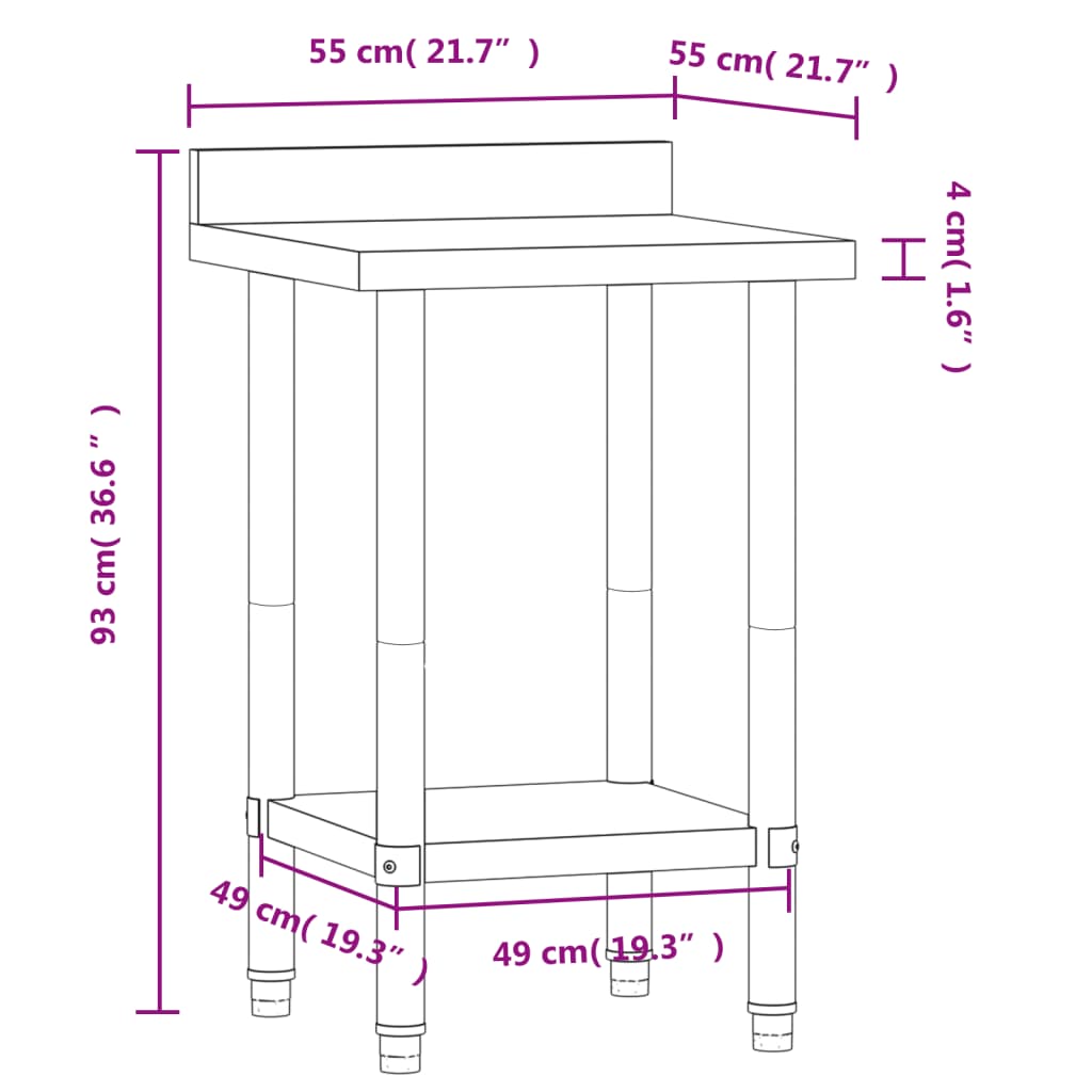 vidaXL Mesa cozinha rebordo antissalpicos 55x55x93 cm aço inoxidável