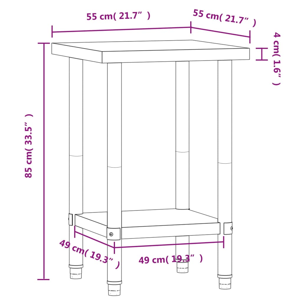 vidaXL Mesa de trabalho para cozinha 55x55x85 cm aço inoxidável