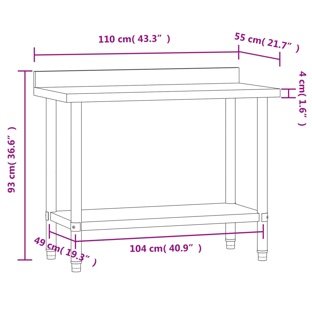 vidaXL Mesa cozinha rebordo antissalpicos 110x55x93 cm aço inoxidável