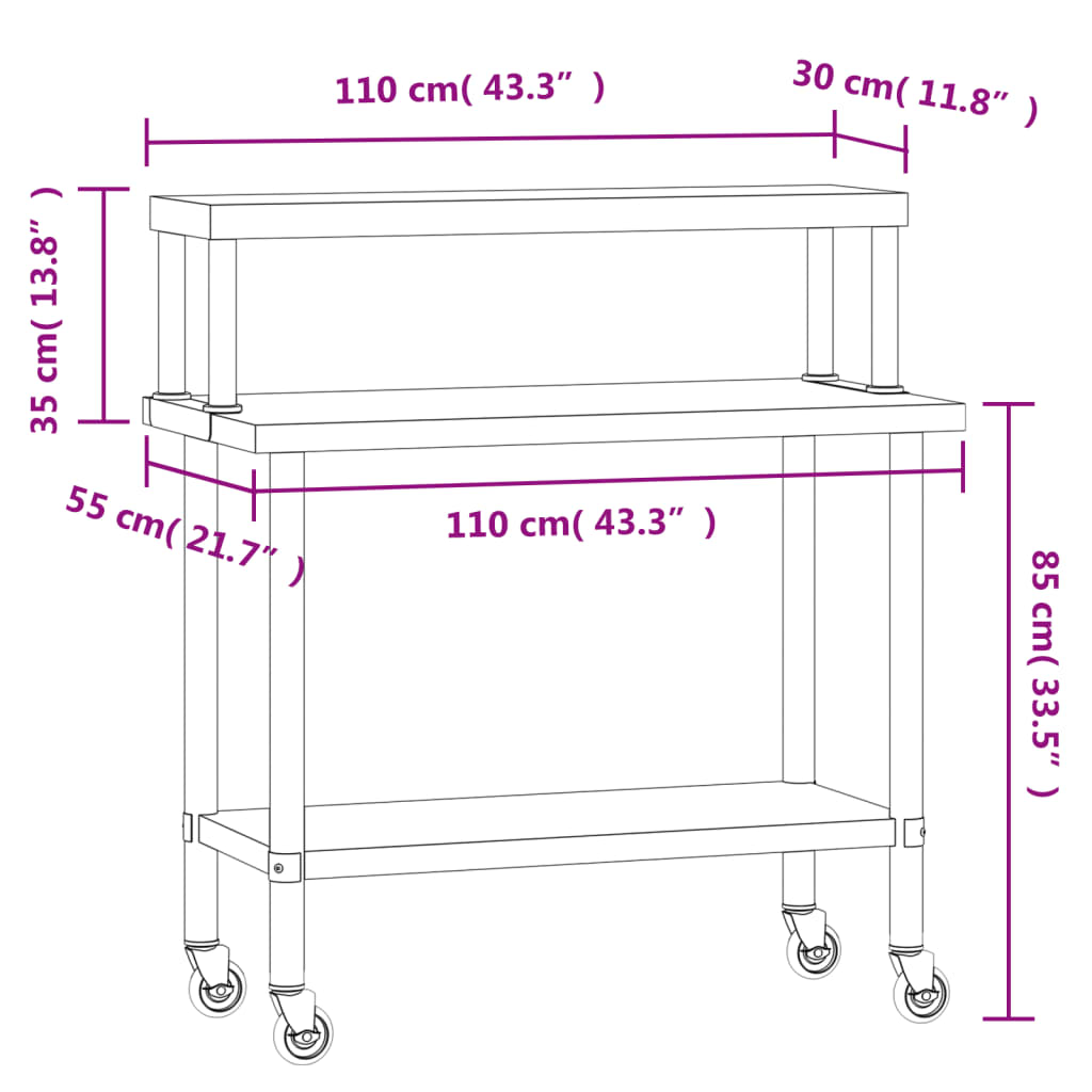 vidaXL Mesa trabalho cozinha c/ prateleira 110x55x120cm aço inoxidável