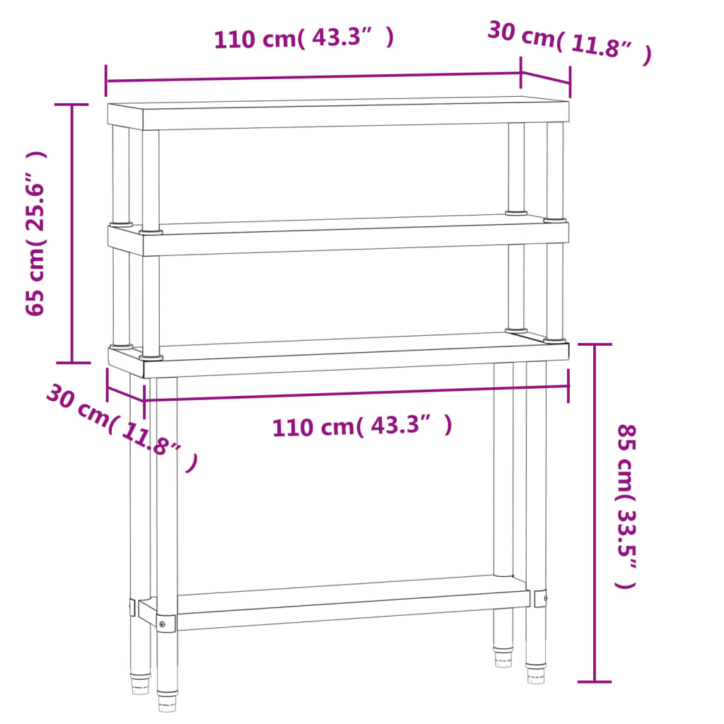 vidaXL Mesa trabalho cozinha c/ prateleira 110x30x150cm aço inoxidável