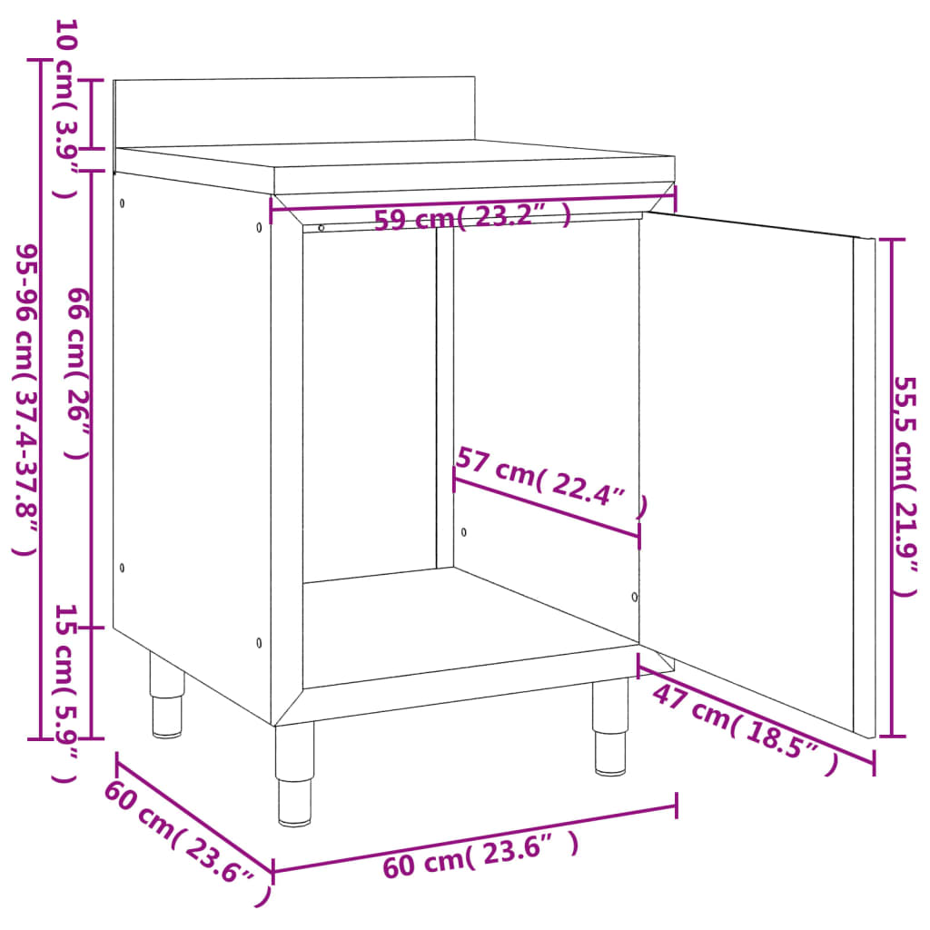 vidaXL Mesa de trabalho comercial c/ armário 60x60x96cm aço inoxidável