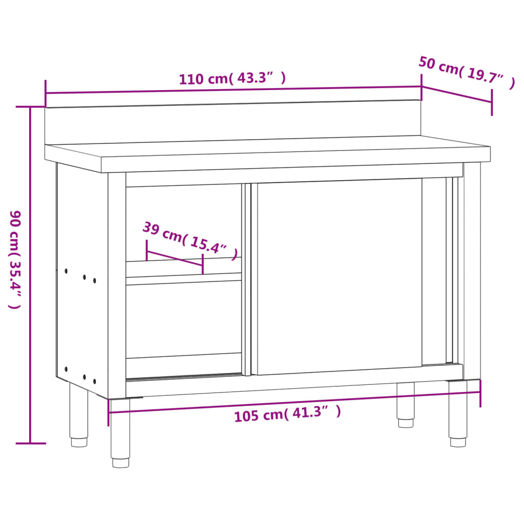 vidaXL Mesa/bancada de cozinha com portas de correr aço inoxidável