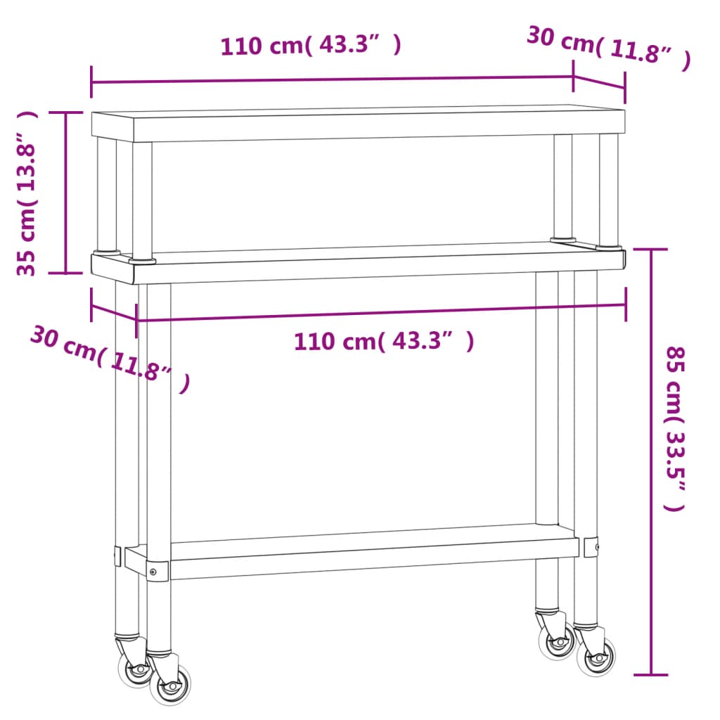 vidaXL Mesa trabalho cozinha c/ prateleira 110x30x120cm aço inoxidável