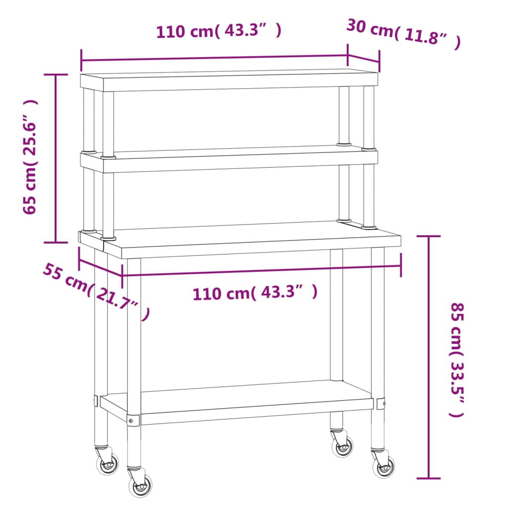 vidaXL Mesa trabalho cozinha c/ prateleira 110x55x150cm aço inoxidável