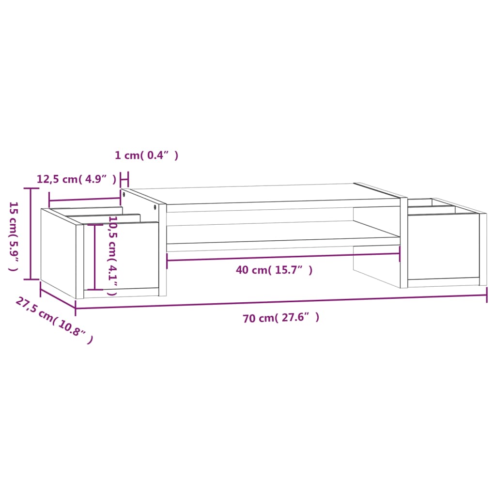 vidaXL Suporte para monitor 70x27,5x15 cm pinho maciço cinzento