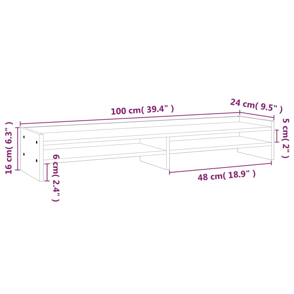 vidaXL Suporte p/ monitor 100x24x16cm madeira de pinho maciça cinzento