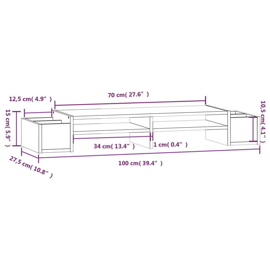 vidaXL Suporte para monitor 100x27,5x15 cm madeira de pinho maciça