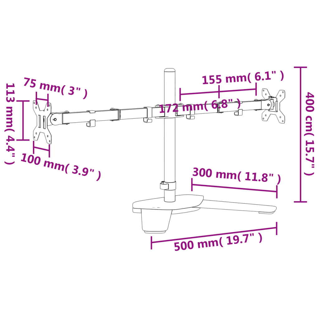 vidaXL Suporte duplo para monitor VESA 75/100 mm aço preto