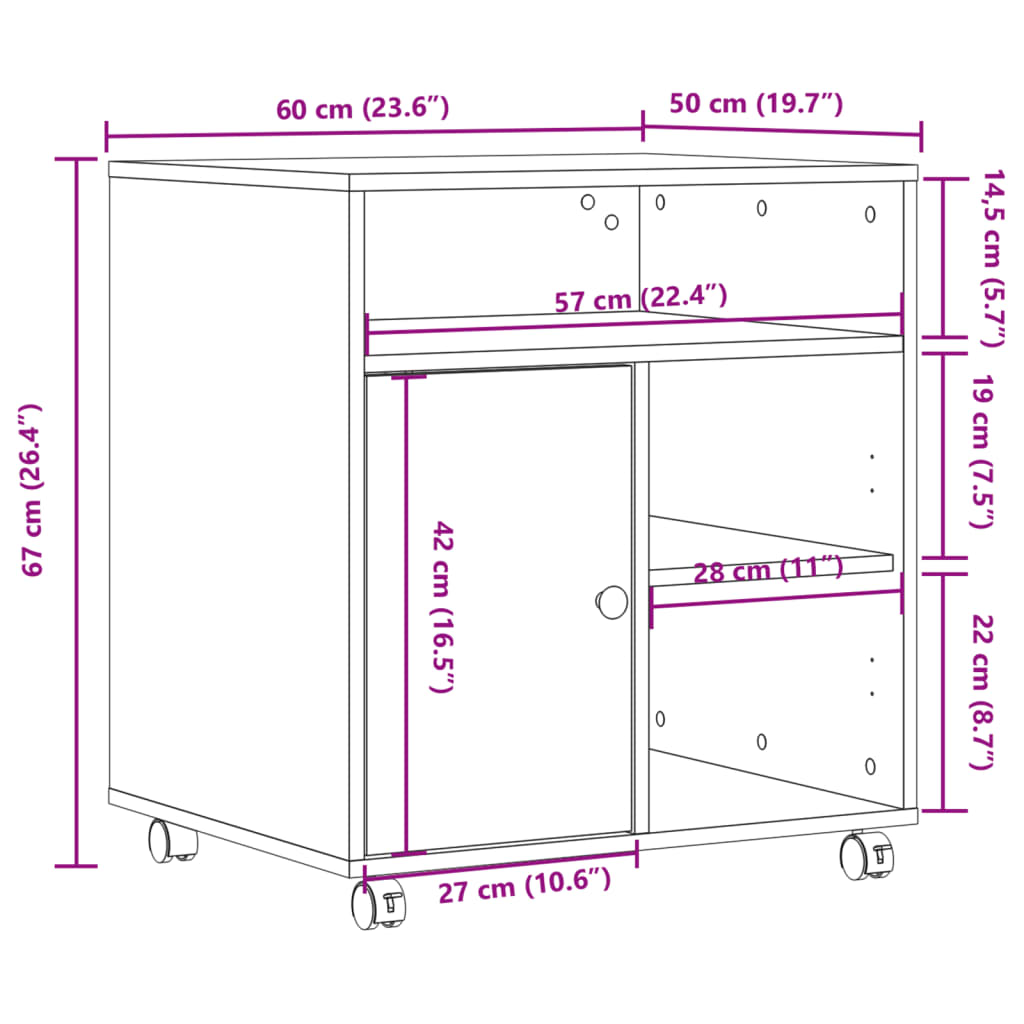 vidaXL Suporte para impressora com rodas 60x50x67 cm cinzento cimento