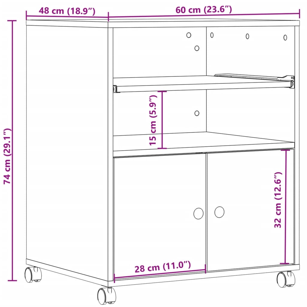 vidaXL Suporte para impressora com rodas 60x48x74 cm cinzento sonoma