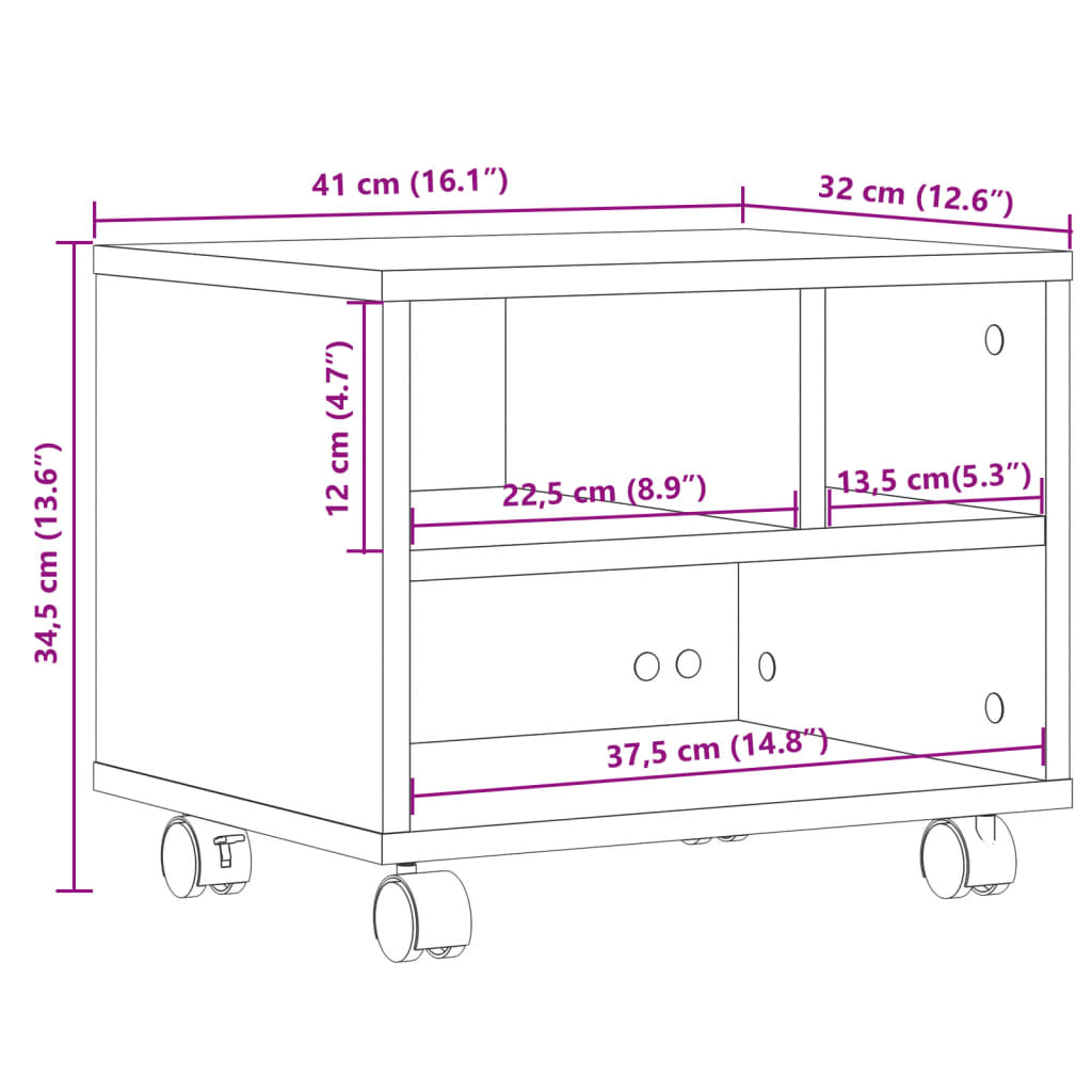 vidaXL Suporte para impressora com rodas 41x32x34,5 cm cinza cimento