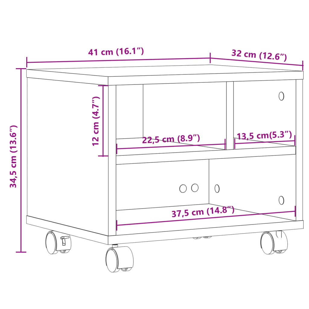 vidaXL Suporte para impressora com rodas 41x32x34,5 cm cinzento sonoma