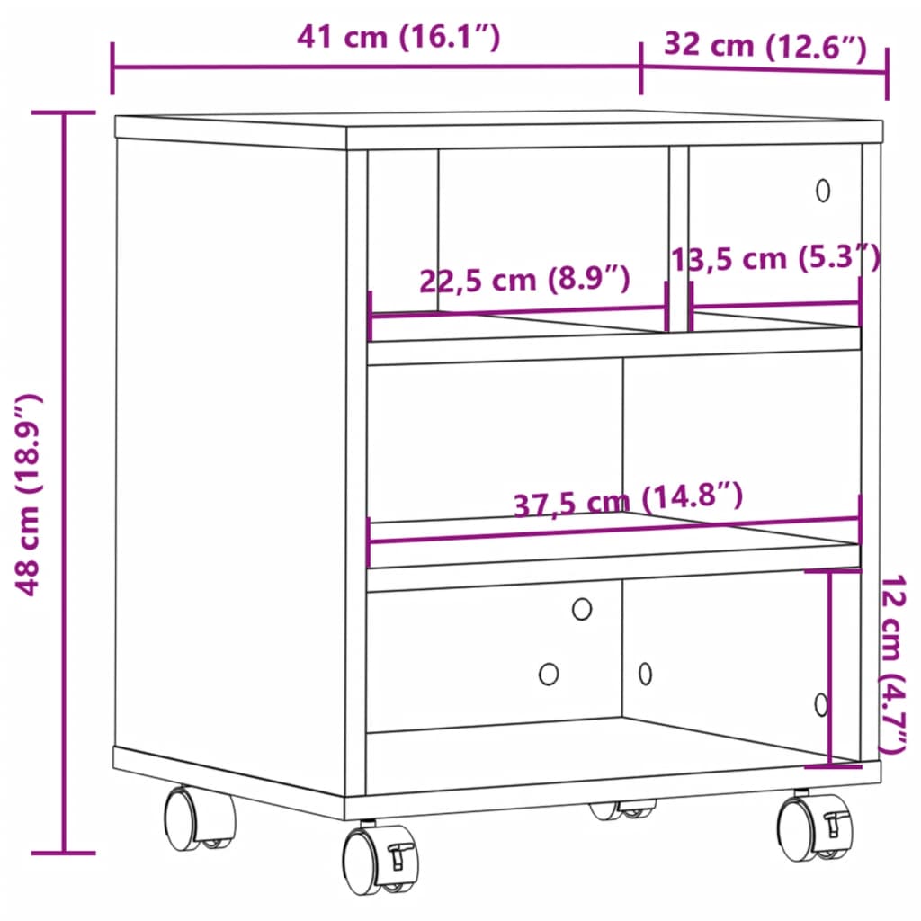 vidaXL Suporte para impressora com rodas 41x32x48 cm preto