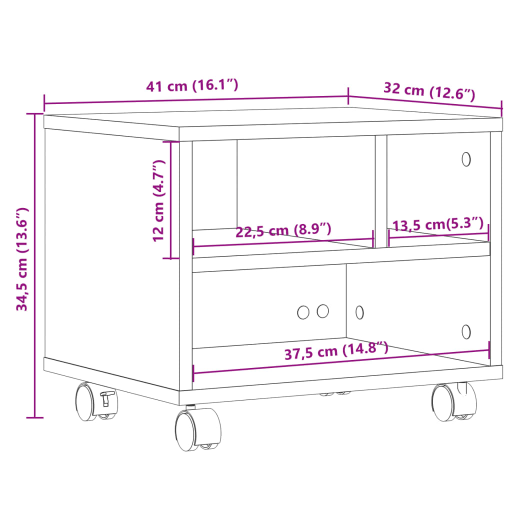 vidaXL Suporte para impressora com rodas 41x32x34,5 cm preto