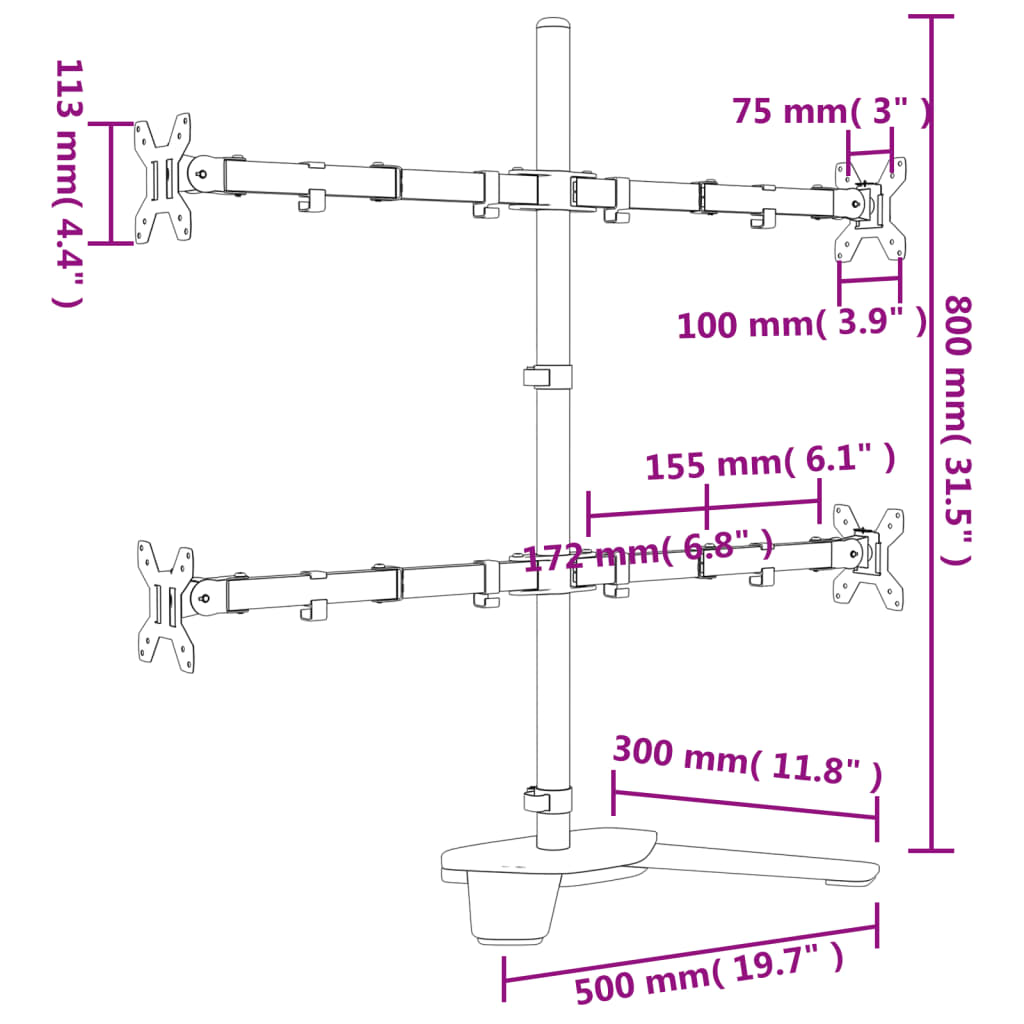 vidaXL Suporte para monitor VESA 75/100 mm aço preto