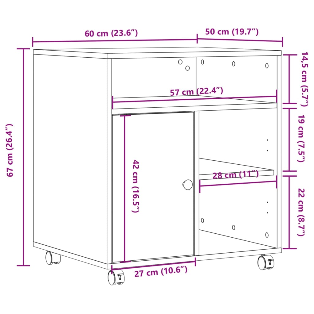 vidaXL Suporte para impressora com rodas 60x50x67 cm carvalho fumado