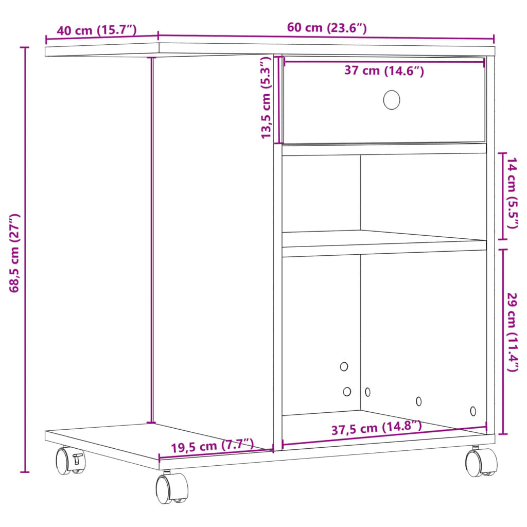 vidaXL Suporte para impressora com rodas 60x40x68,5 cm carvalho sonoma