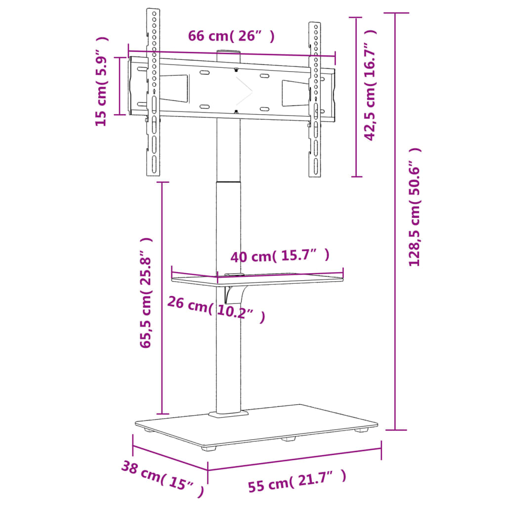 vidaXL Suporte de canto para TV 32-65 polegadas c/ 2 prateleiras preto