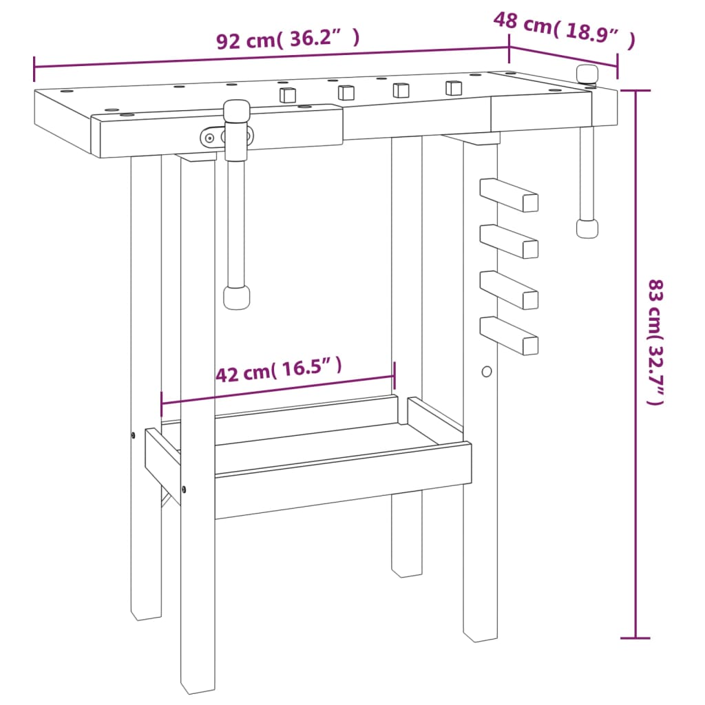 vidaXL Bancada de trabalho com tornos 92x48x83 cm acácia maciça